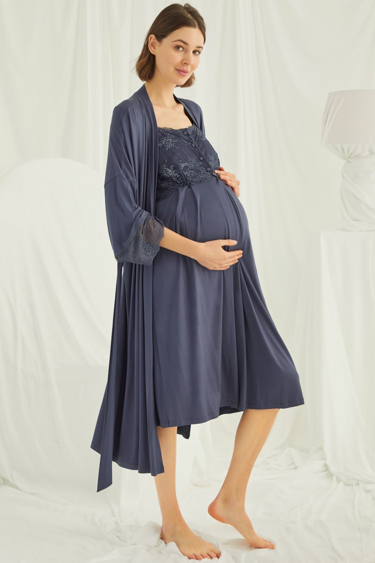 Lace Maternity & Nursing Nightgown With Robe Set Navy Blue - 18210