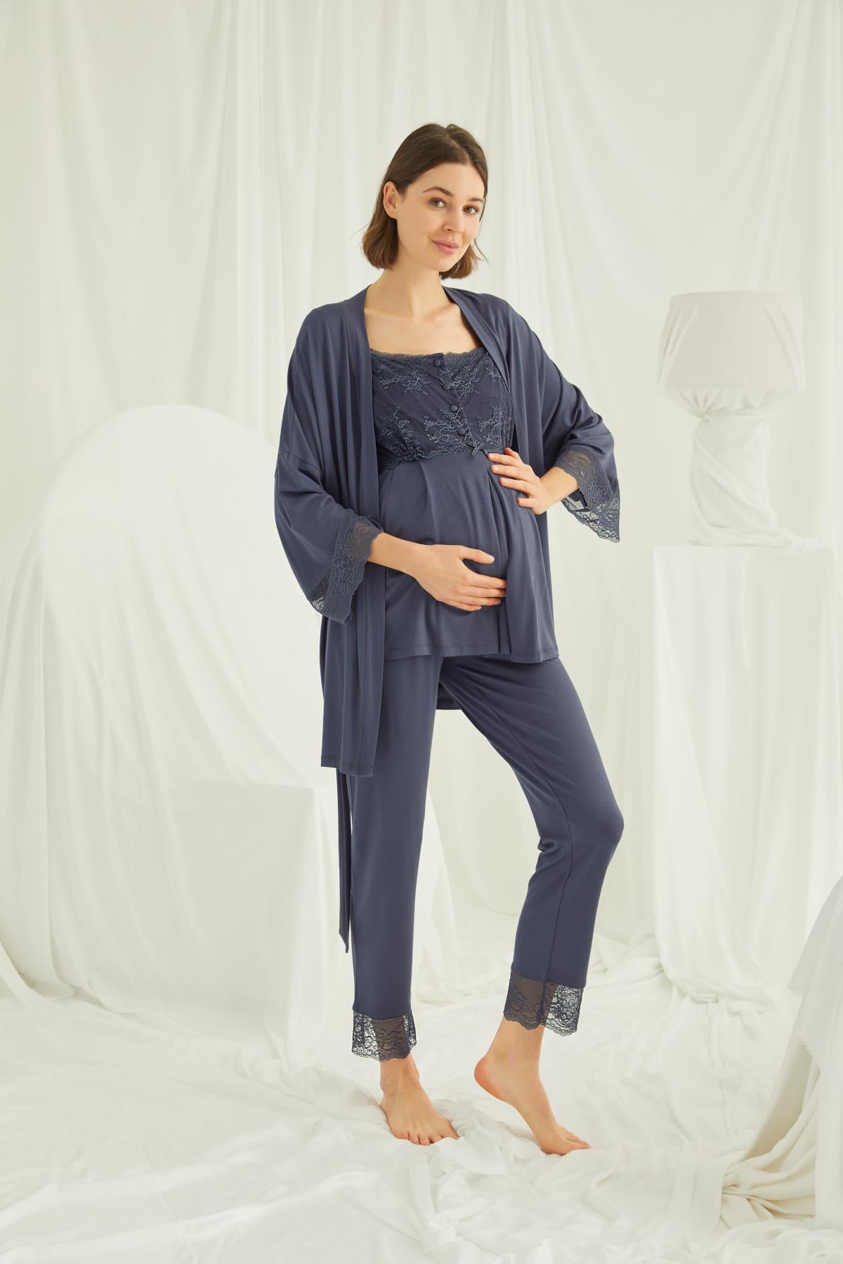 Lace 3-Pieces Maternity & Nursing Pajamas With Robe Navy Blue - 18211