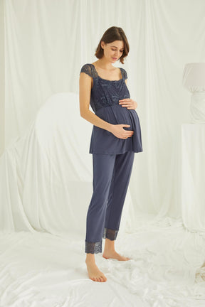 Lace 3-Pieces Maternity & Nursing Pajamas With Robe Navy Blue - 18211