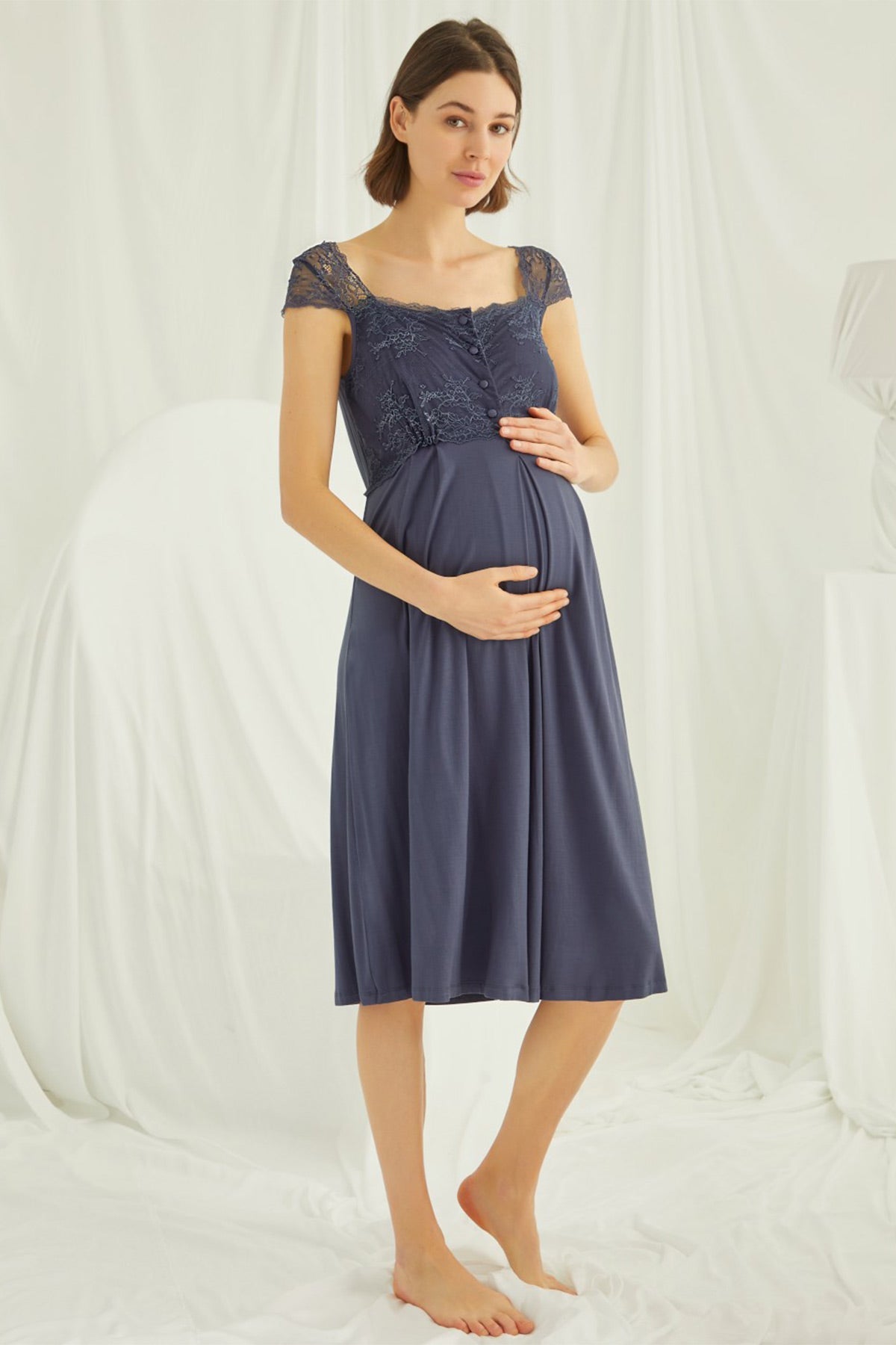 Lace Maternity & Nursing Nightgown Navy Blue - 18302