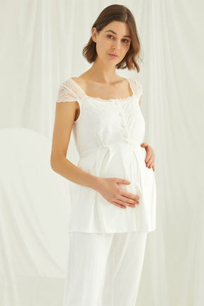 Lace Maternity & Nursing Pajamas Ecru - 18303