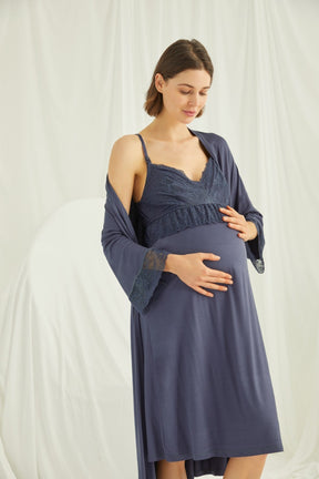 Lace Strappy Maternity-Nursing Nightgown & Robe Set Navy Blue - 18428