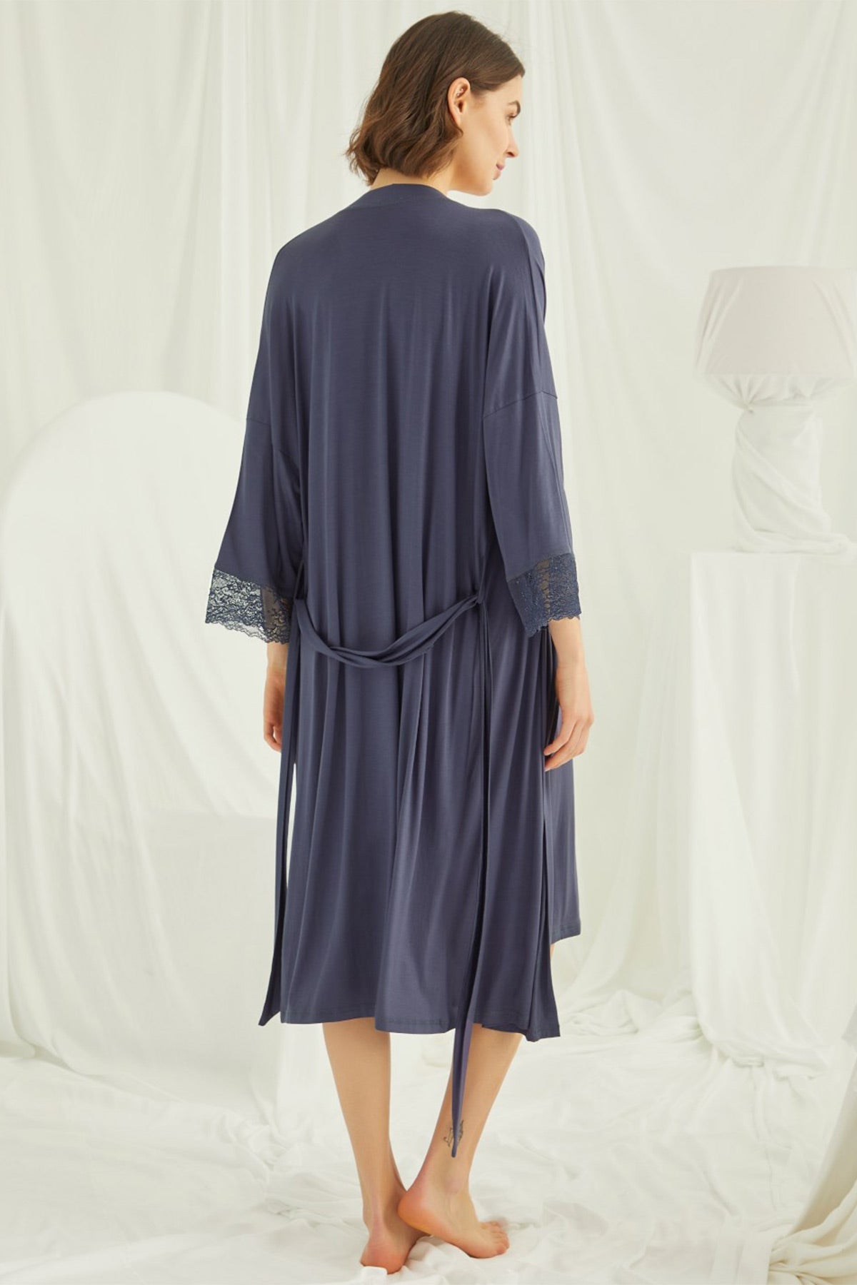 Lace Strappy Maternity-Nursing Nightgown & Robe Set Navy Blue - 18428