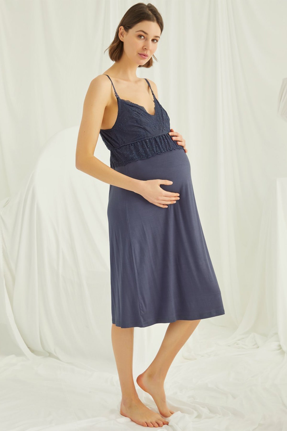 Lace Strappy Maternity & Nursing Nightgown With Robe Set Navy Blue - 18428