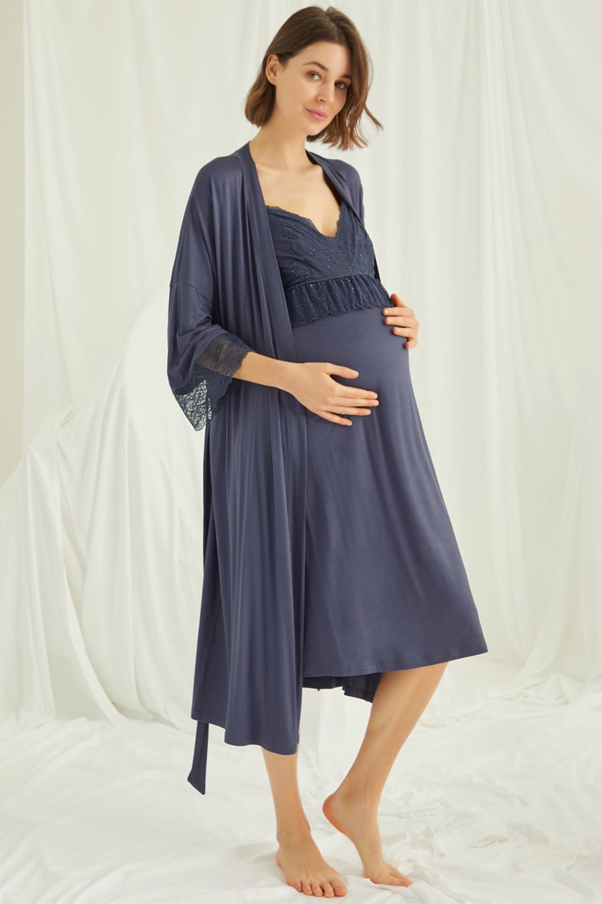 Lace Strappy Maternity & Nursing Nightgown With Robe Set Navy Blue - 18428