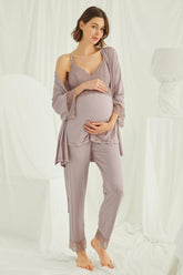 Lace Strappy 3-Pieces Maternity & Nursing Pajamas With Robe Coffee - 18431