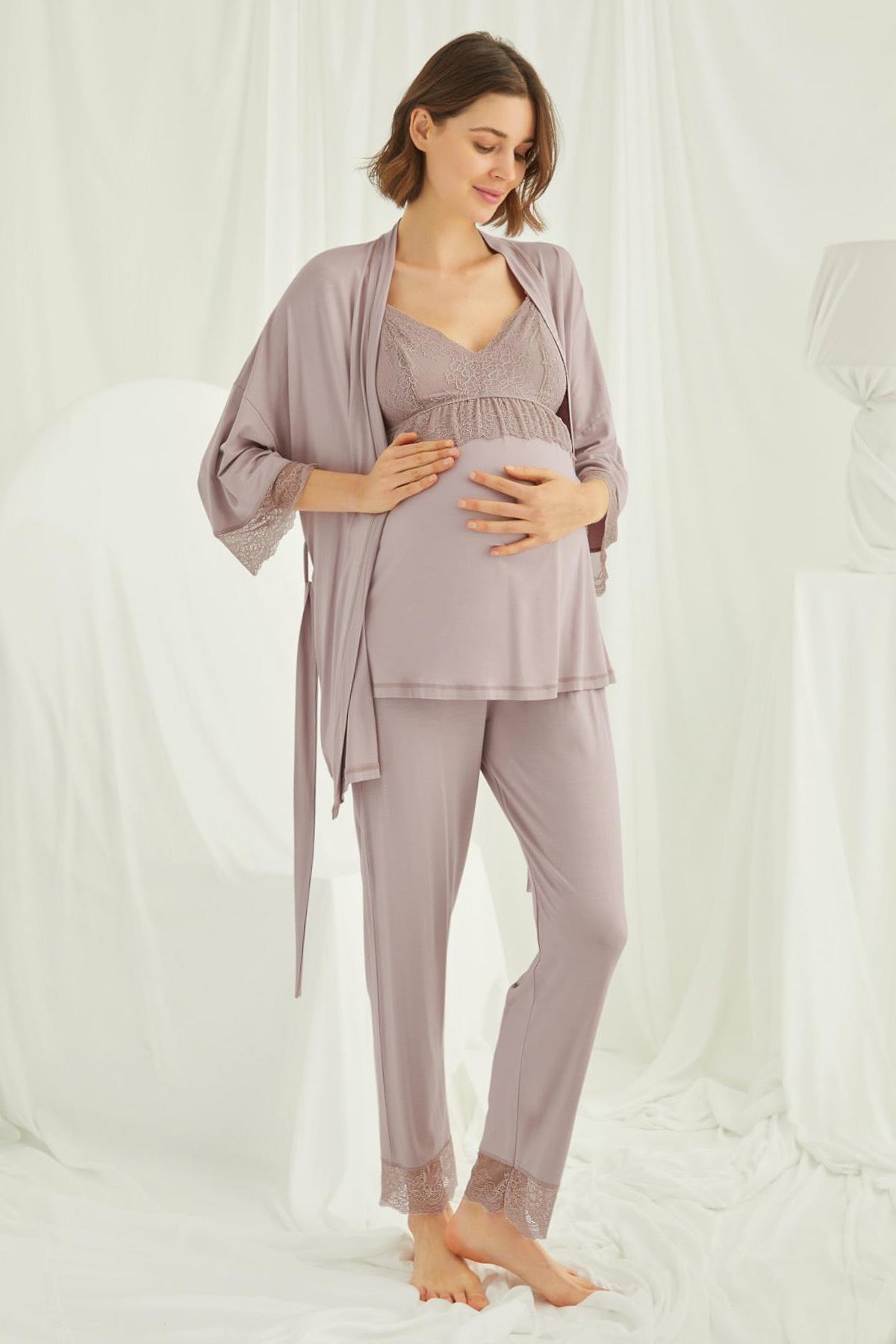 Lace Strappy 4 Pieces Maternity & Nursing Set Coffee - 431490