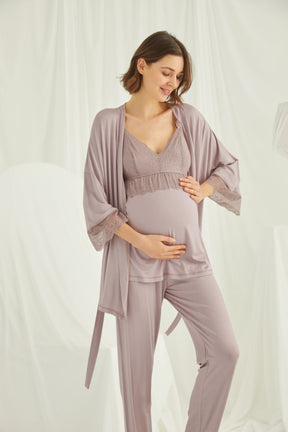 Lace Strappy 3-Pieces Maternity & Nursing Pajamas With Robe Coffee - 18431