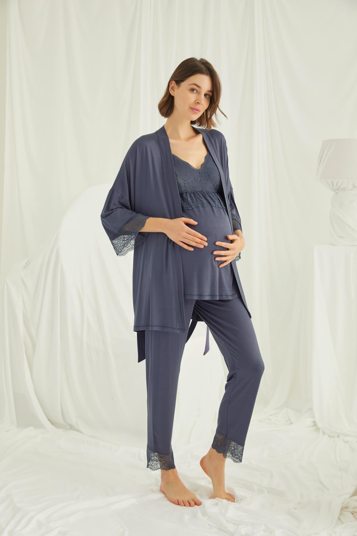 Lace Strappy 3-Pieces Maternity & Nursing Pajamas With Robe Navy Blue - 18432