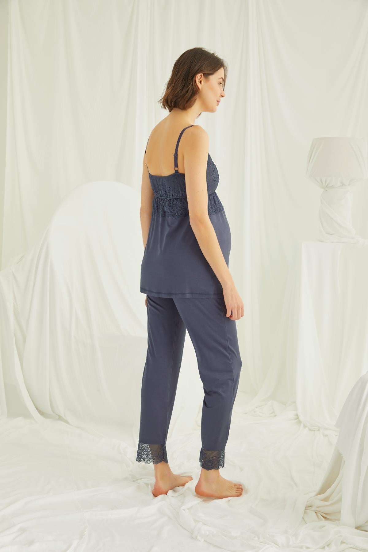 Lace Strappy 3-Pieces Maternity & Nursing Pajamas With Robe Navy Blue - 18432
