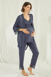 Lace Strappy 3-Pieces Maternity & Nursing Pajamas With Robe Navy Blue - 18432