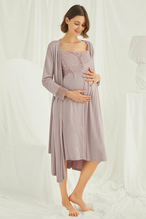 Lace Maternity & Nursing Nightgown With Robe Set Coffee - 18438