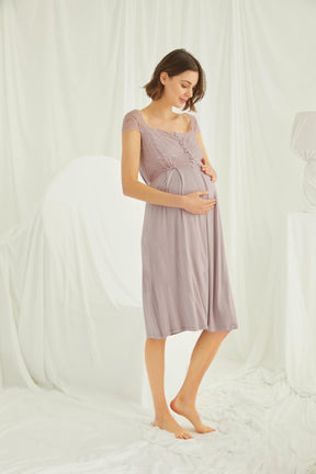 Lace Maternity & Nursing Nightgown With Robe Set Coffee - 18438