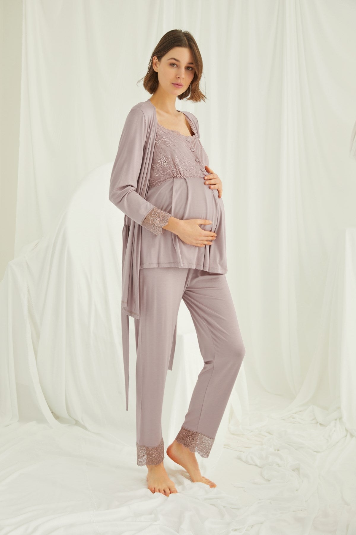 Lace 3-Pieces Maternity & Nursing Pajamas With Robe Coffee - 18441