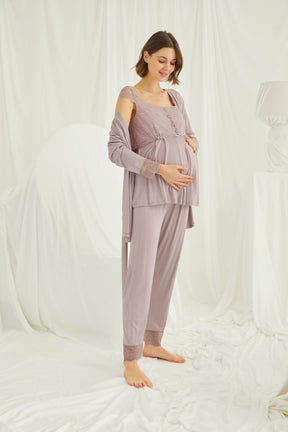 Lace 3-Pieces Maternity & Nursing Pajamas With Robe Coffee - 18441