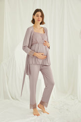 Lace 3-Pieces Maternity & Nursing Pajamas With Robe Coffee - 18441