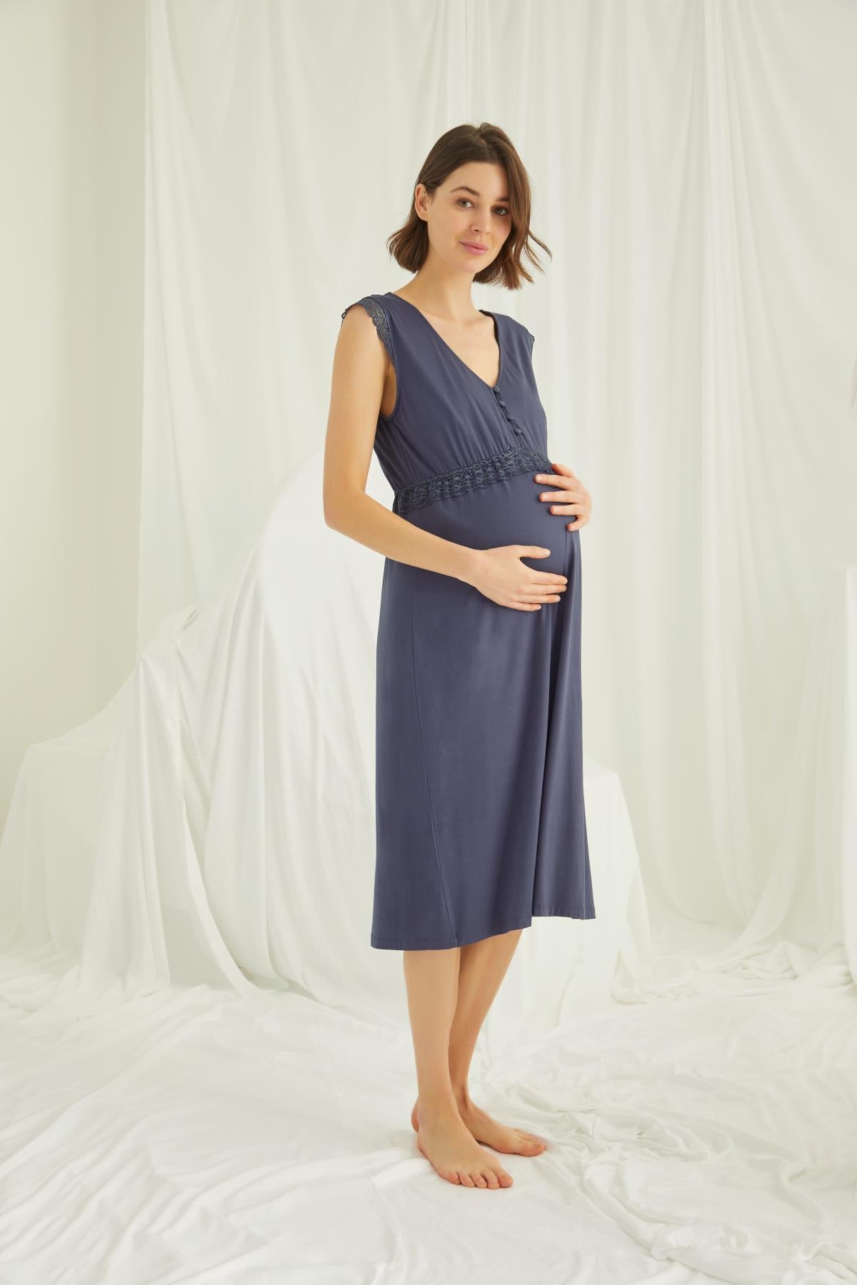 Lace V-Neck Maternity & Nursing Nightgown Navy Blue - 18448