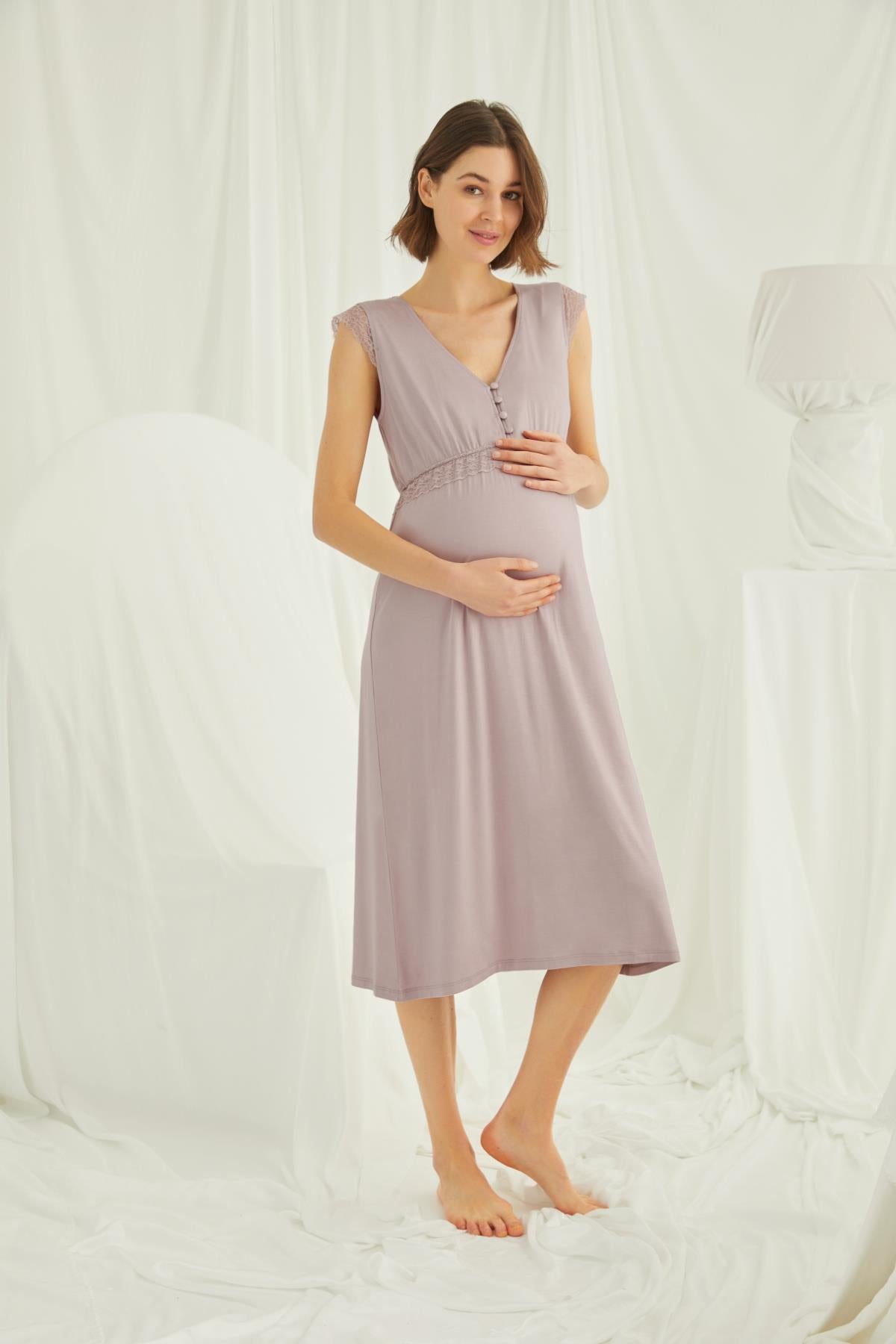 Lace V-Neck Maternity & Nursing Nightgown Coffee - 18449