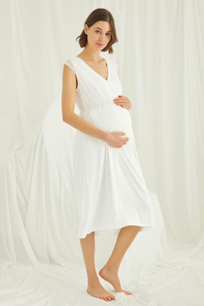 Lace V-Neck Maternity & Nursing Nightgown Ecru - 18450