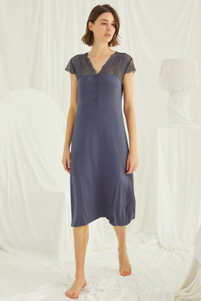 Lace V-Neck Plus Size Maternity & Nursing Nightgown Navy Blue - 18454