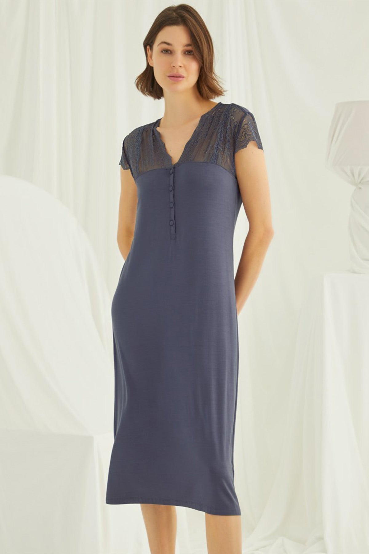 Lace V-Neck Plus Size Maternity & Nursing Nightgown Navy Blue - 18454