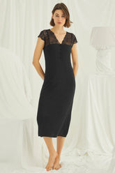 Lace V-Neck Plus Size Maternity & Nursing Nightgown Black - 18457