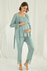 Lace 3-Pieces Maternity & Nursing Pajamas With Robe Green - 18468