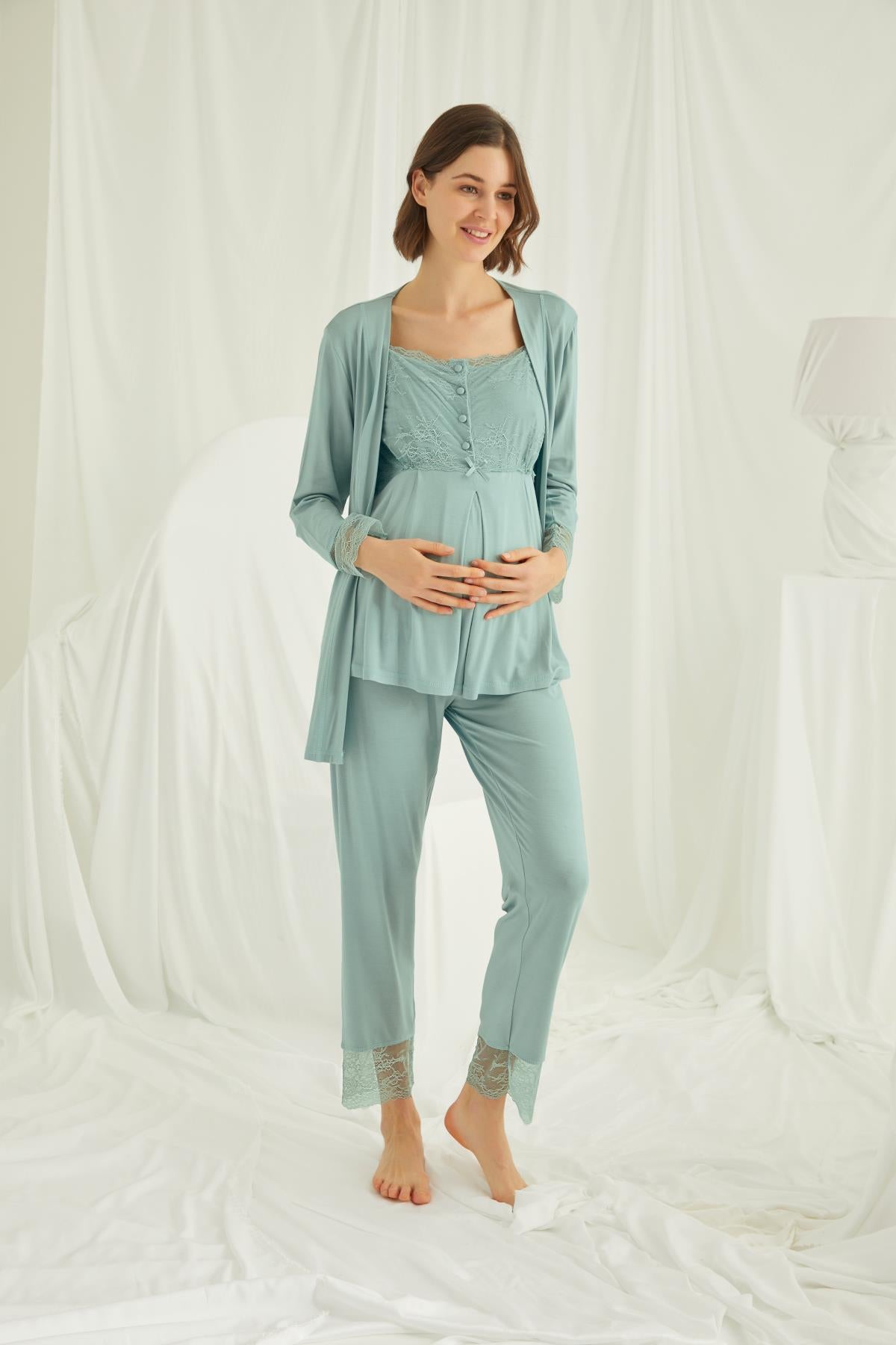 Lace 3-Pieces Maternity & Nursing Pajamas With Robe Green - 18468