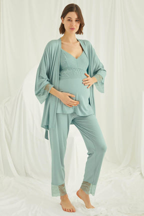 Lace Strappy 3-Pieces Maternity & Nursing Pajamas With Robe Green - 18469