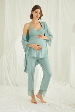 Lace Strappy 3-Pieces Maternity & Nursing Pajamas With Robe Green - 18469