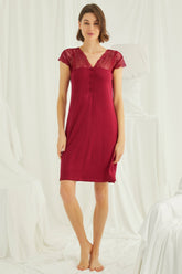 Lace V-Neck Short Maternity & Nursing Nightgown Red - 18480