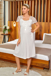 Lace Embroidered Maternity & Nursing Nightgown Ecru - 18500