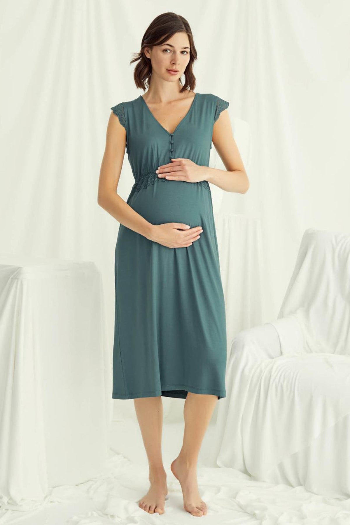 Lace V-Neck Maternity & Nursing Nightgown Green - 18521