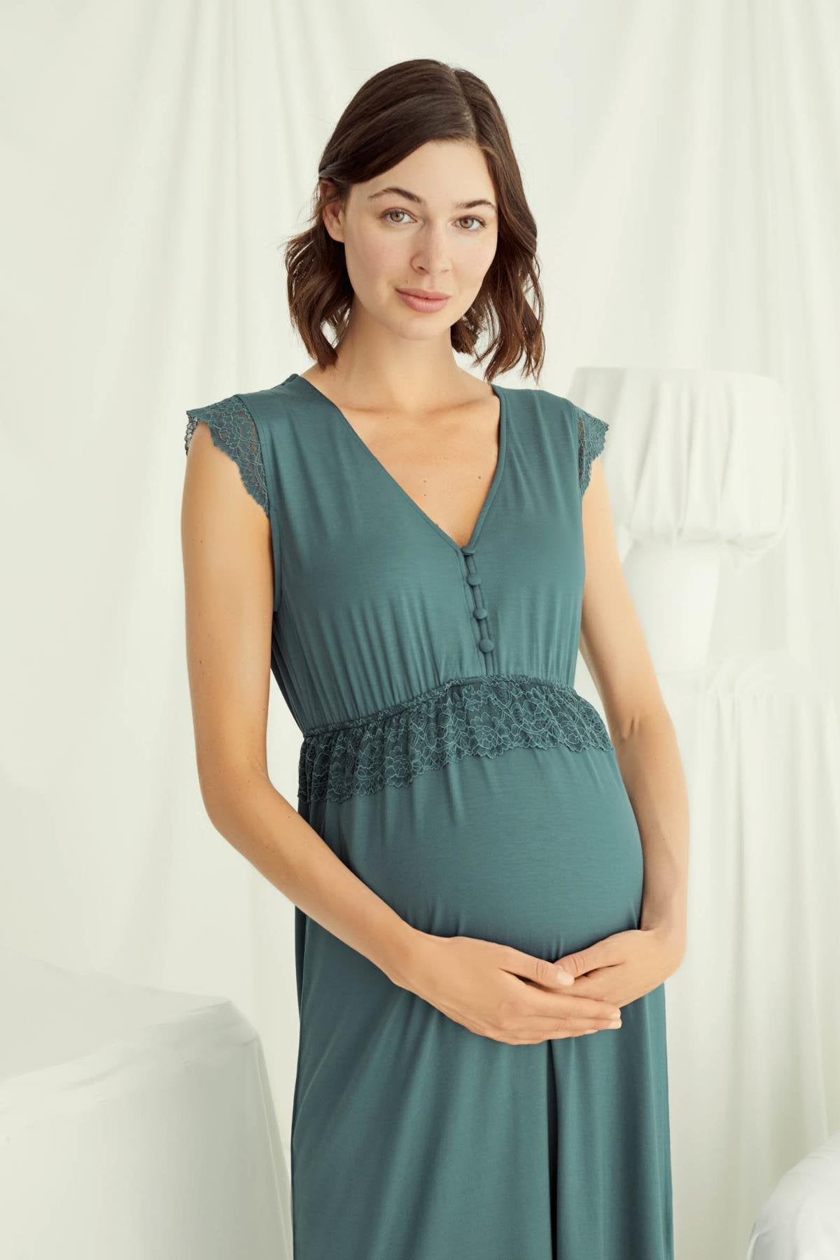 Lace V-Neck Maternity & Nursing Nightgown Green - 18521