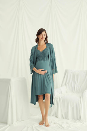 Lace Strappy Maternity & Nursing Nightgown With Robe Set Green - 18522