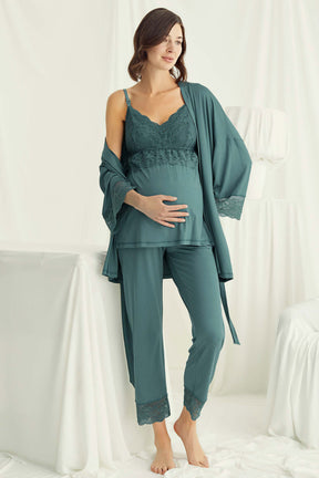 Lace Strappy 3-Pieces Maternity & Nursing Pajamas With Robe Green - 18523