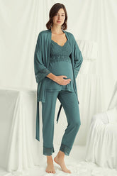 Lace Strappy 3-Pieces Maternity & Nursing Pajamas With Robe Green - 18523