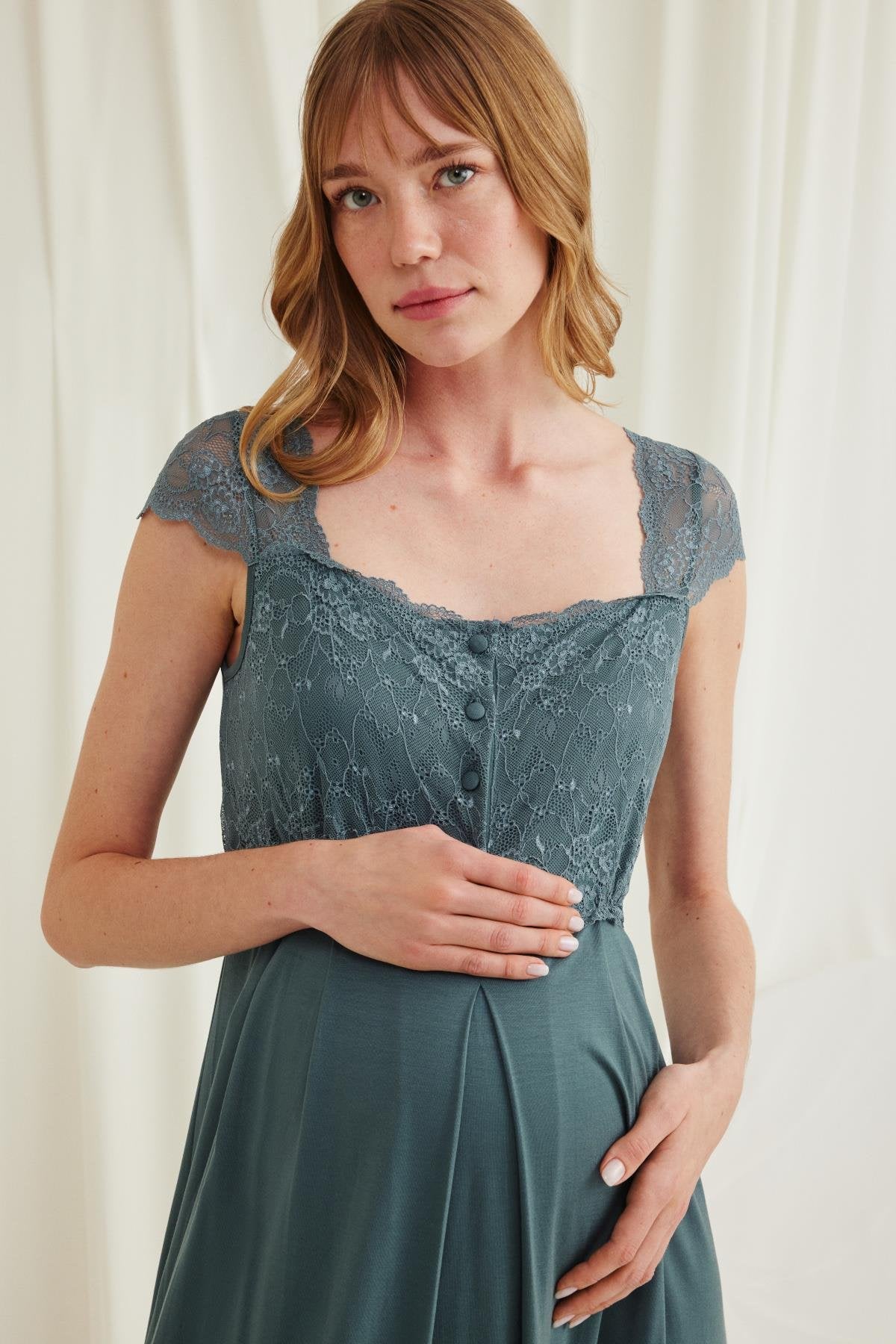 Lace Maternity & Nursing Nightgown With Robe Set Green - 18534