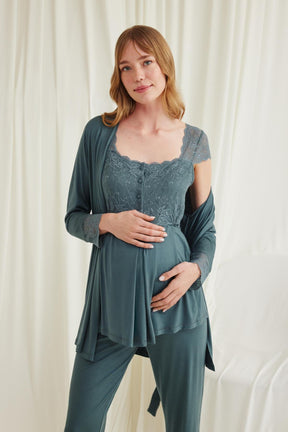 Lace 3-Pieces Maternity & Nursing Pajamas With Robe Green - 18535