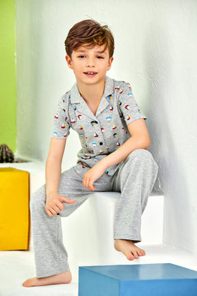 Ship Themed Front Button Boys Kids Pajamas Grey (2-8 Years) - 188