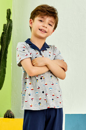 Ship Themed Front Button Boys Kids Pajamas Navy Blue (2-8 Years) - 188