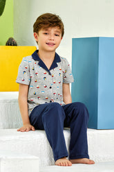 Ship Themed Front Button Boys Kids Pajamas Navy Blue (2-8 Years) - 188