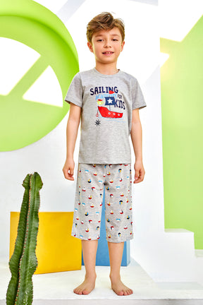 Ship Themed Boys Kids Capri Pajamas Grey (2-8 Years) - 189