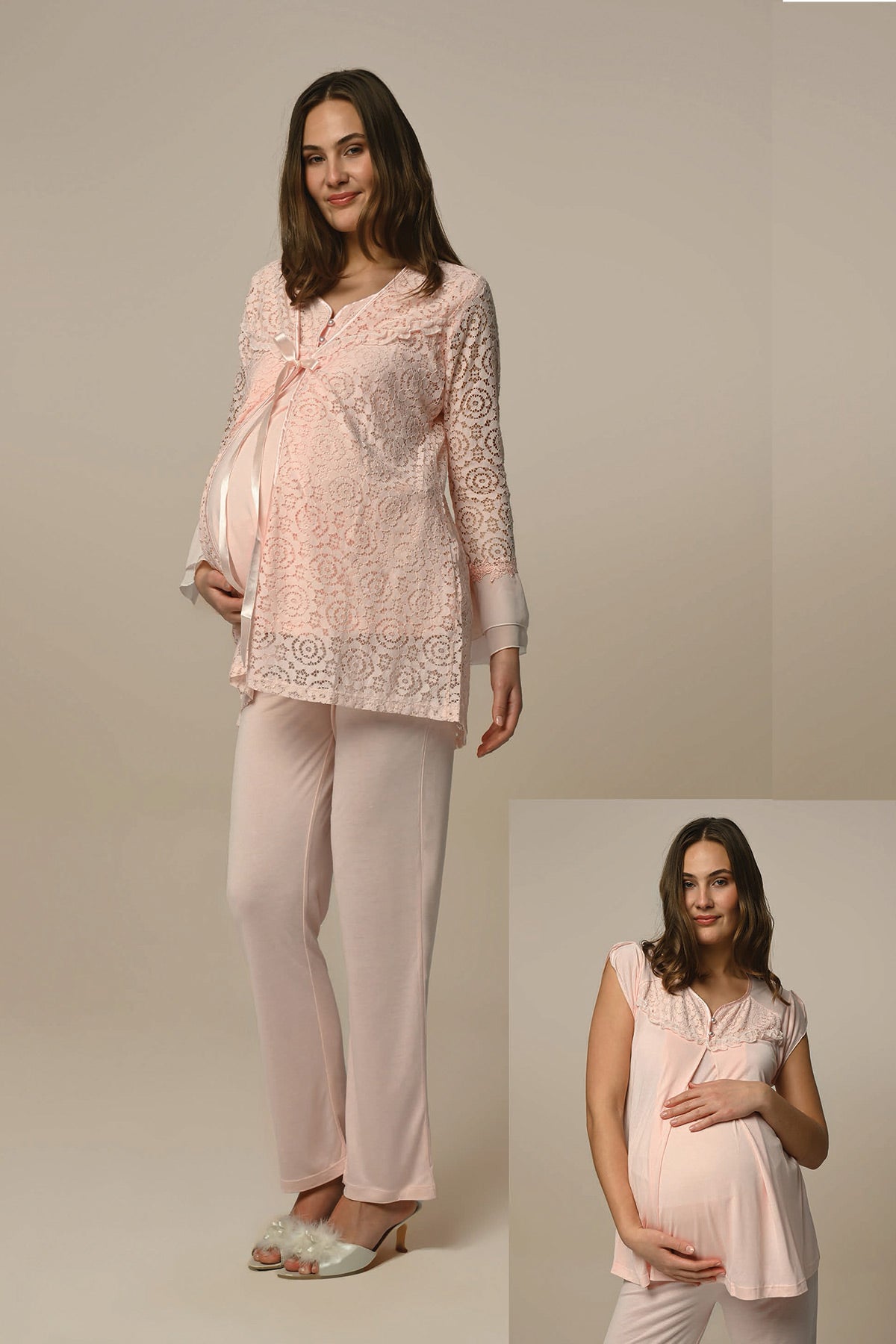 Lace Embossed 3-Pieces Maternity & Nursing Pajamas With Robe Powder - 22324