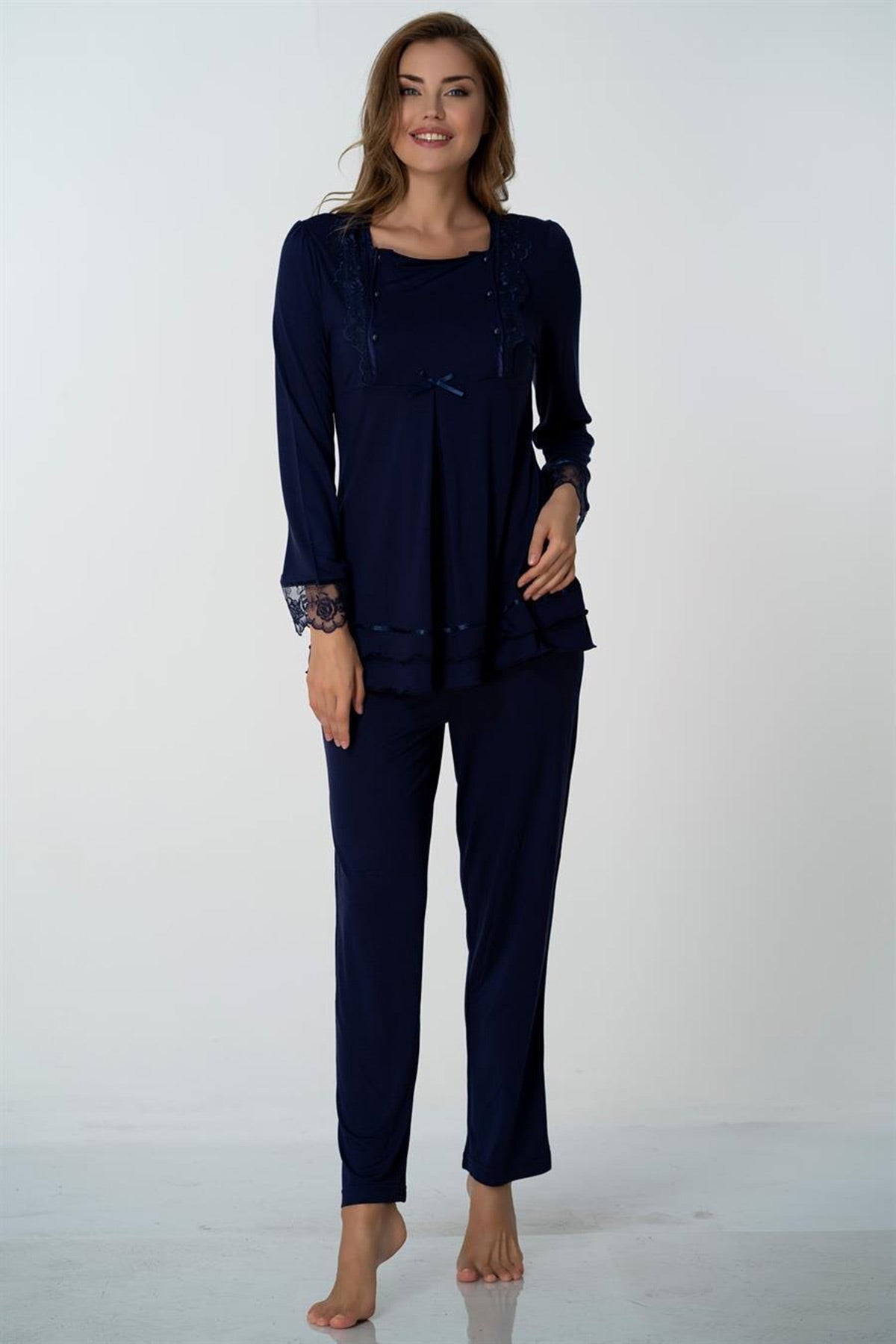 Lace Sleeve Maternity & Nursing Pajamas Navy Blue - 2015