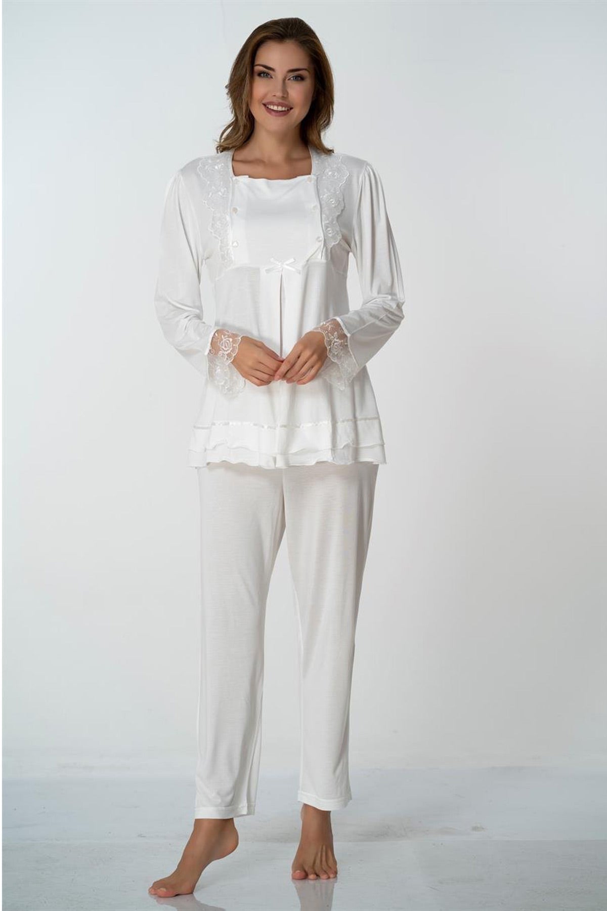 Lace Sleeve Maternity & Nursing Pajamas Ecru - 2015