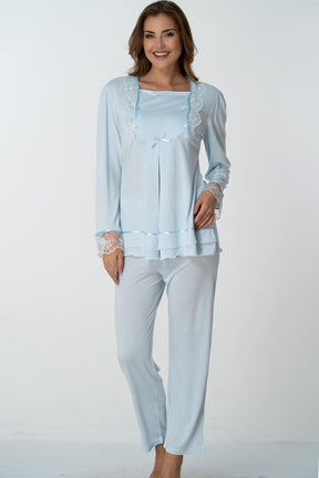 Lace Sleeve 3-Pieces Maternity & Nursing Pajamas With Robe Blue - 2018