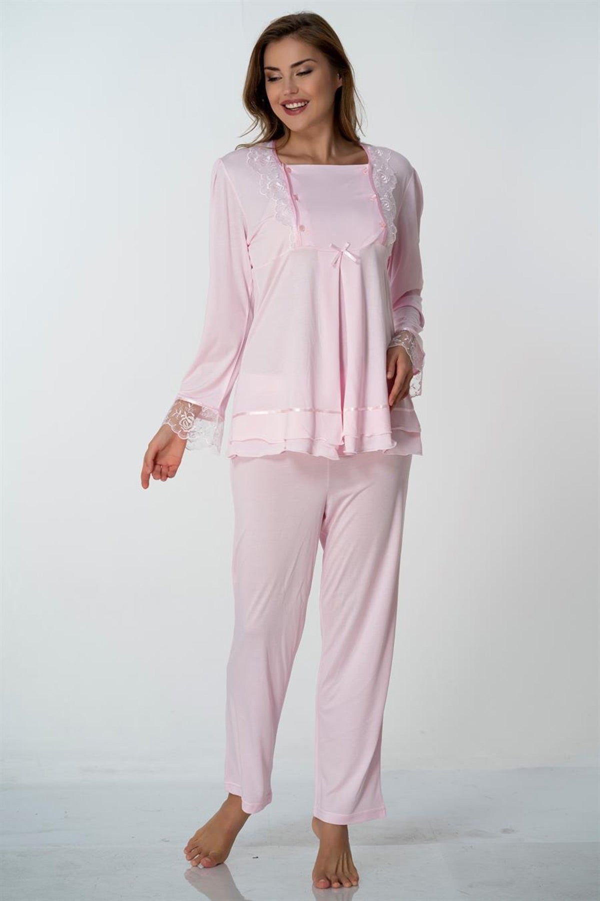 Lace Sleeve 3-Pieces Maternity & Nursing Pajamas With Robe Pink - 2018