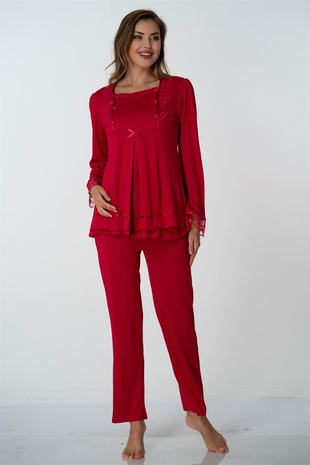 Lace Sleeve Maternity & Nursing Pajamas Cherry - 2015