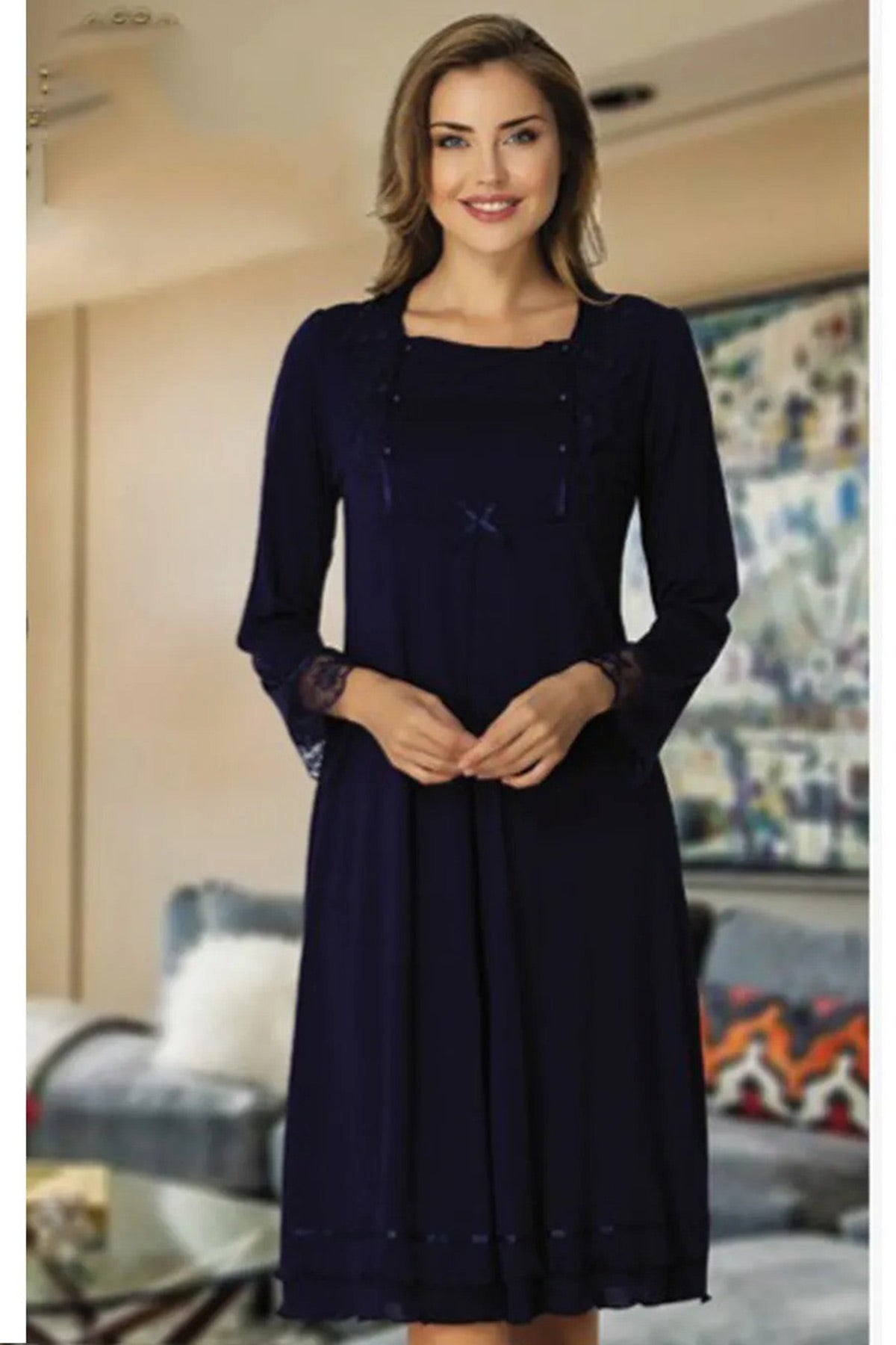 Lace Sleeve 4 Pieces Maternity & Nursing Set Navy Blue - 2020